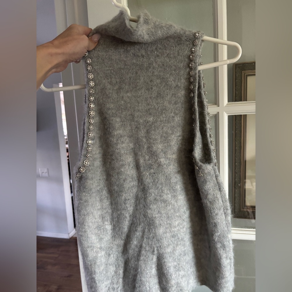 Zara gray fuzzy turtleneck tank with embellished sleeve bordering.